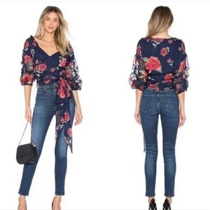Lovers + Friends Bowen Floral Wrap Blouse in Navy XS